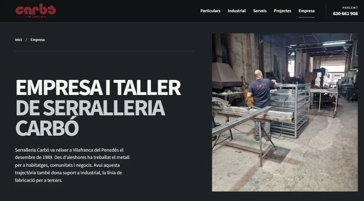 The company page introduces the workshop and its history in an editorial layout.