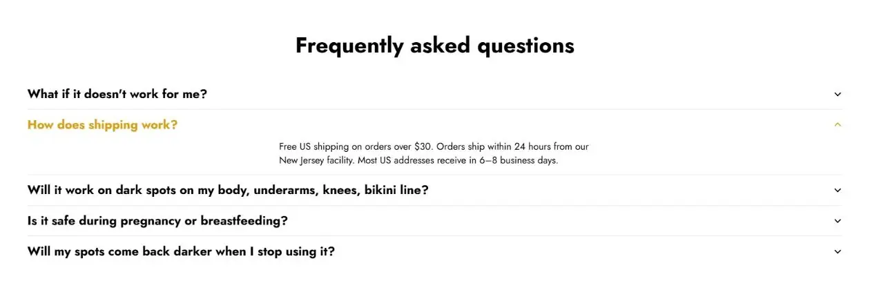 Expandable FAQs present purchasing and shipping information.